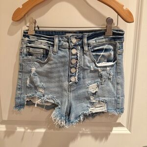 KanCan Light Blue Distressed Button-Fly Denim Shorts
